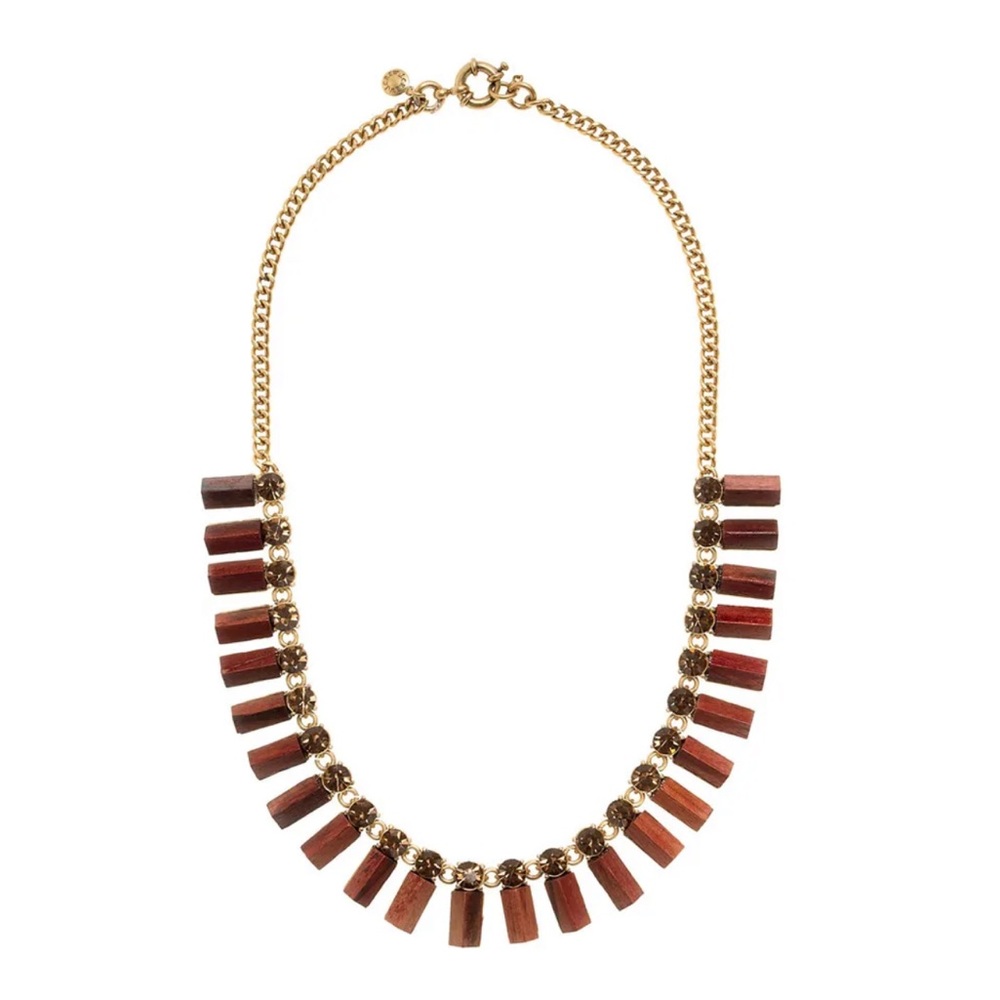 J.CREW MIXED PRISM NECKLACE BROWN GOLD Tone Wood Pyramid Faceted Crystals. - Picture 1 of 6